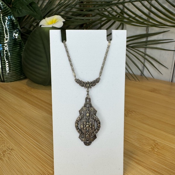Antique Art Deco Sterling Silver Marcasite Pendant Necklace